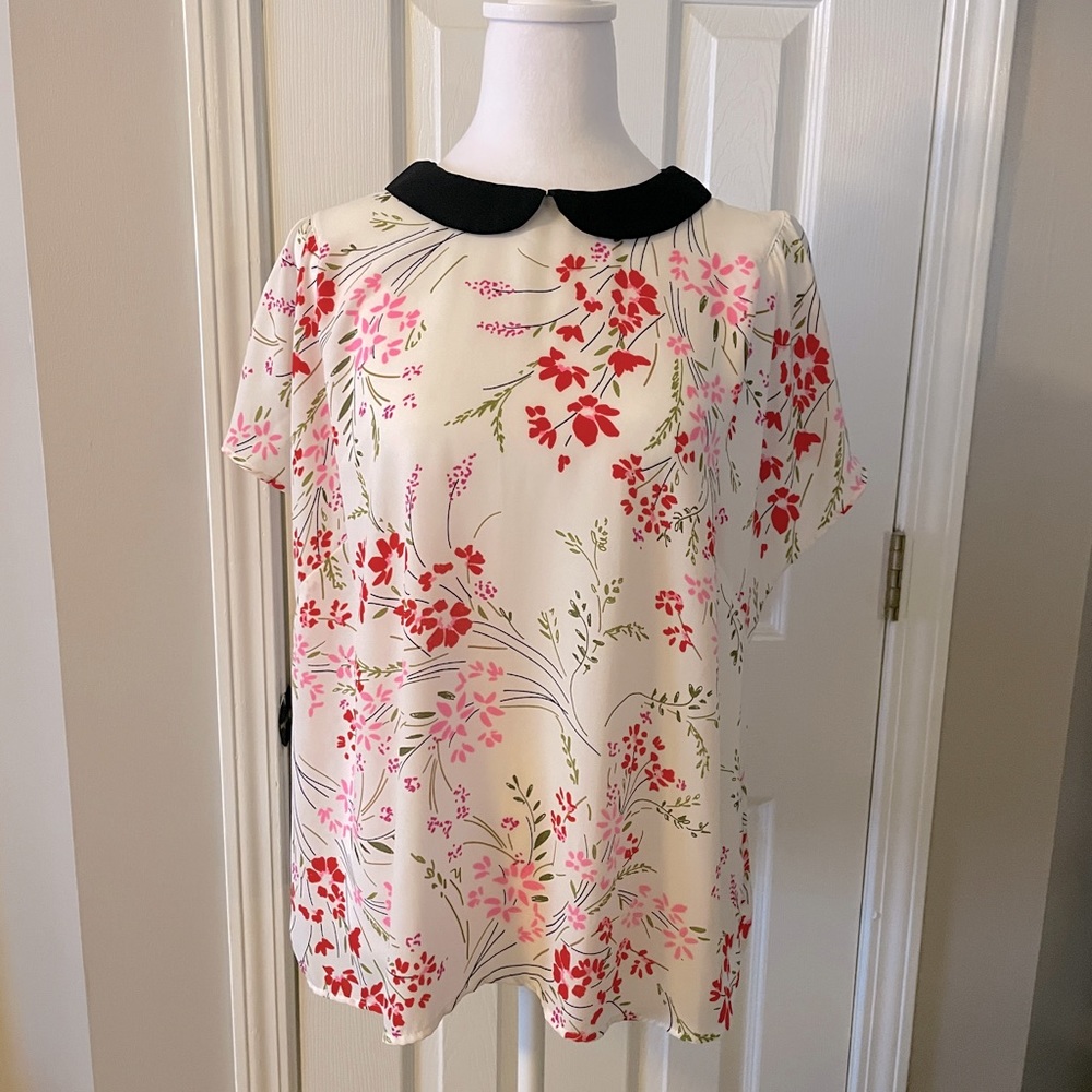 Floral Peter Pan Collar Blouse - Cream with Pink & Red